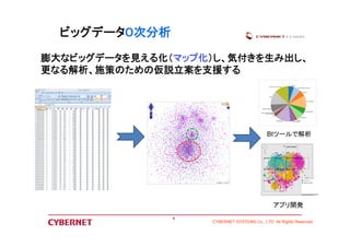 CYBERNET SYSTEMS Co., LTD All Rights Reserved 
ビッグデータ０次分析 
膨大なビッグデータを見える化（マップ化）し、気付きを生み出し、 
更なる解析、施策のための仮説立案を支援する 
9 
BIツールで解析 
アプリ開発 
 