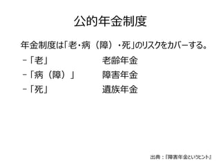 公的年金制度 
年金制度は「老・病（障）・死」のリスクをカバーする。 
– 「老」老齢年金 
– 「病（障）」障害年金 
– 「死」遺族年金 
出典：『障害年金というヒント』 
 
