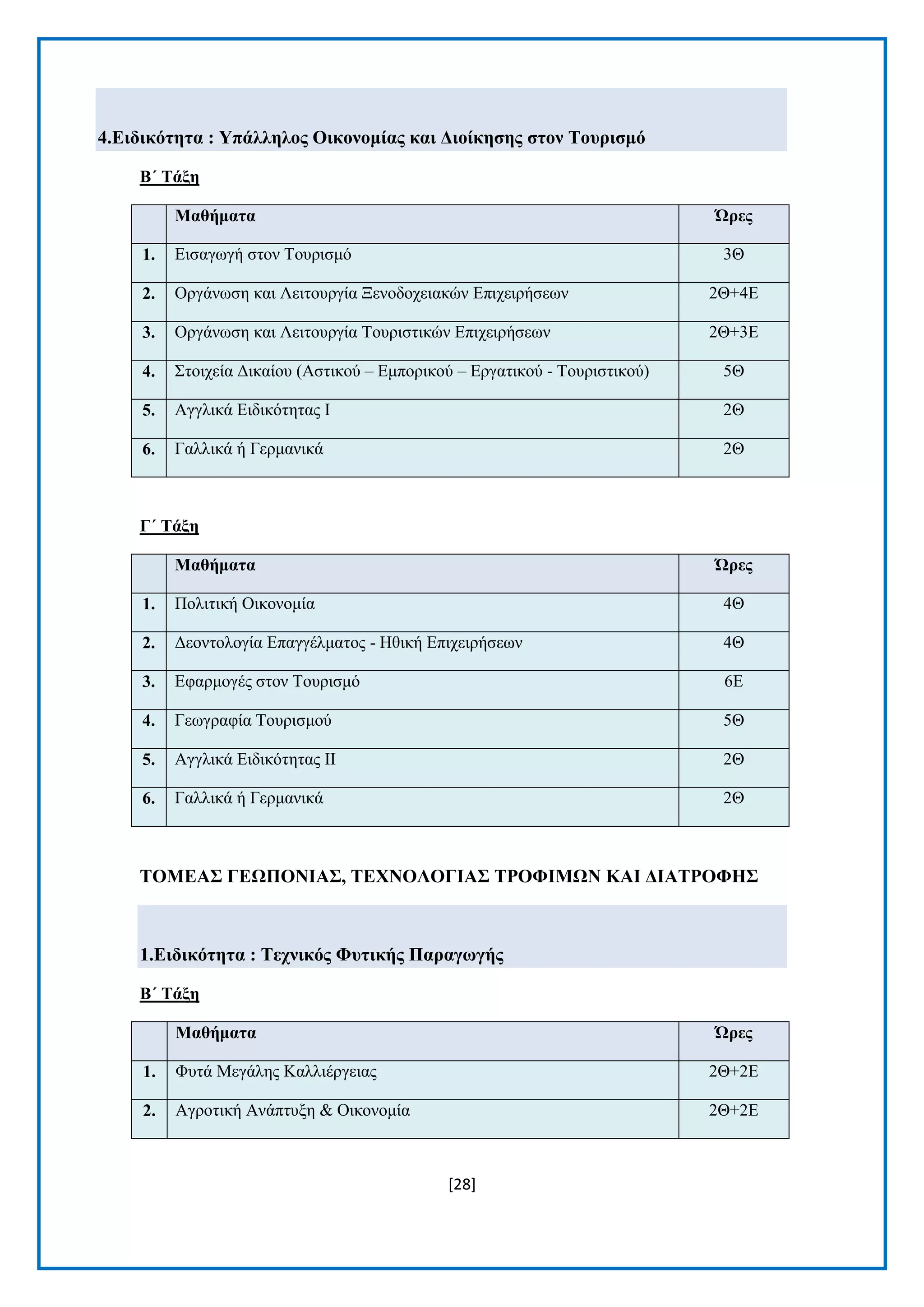 [28] 
4.Δηδηθόηεηα : Τπάιιεινο Οηθνλνκίαο θαη Γηνίθεζεο ζηνλ Σνπξηζκό 
Β΄ Σάμε Μαζήκαηα Ώξεο 1. Δηζαγσγή ζηνλ Σνπξηζκφ 3Θ 2. Οξγάλσζε θαη Λεηηνπξγία Ξελνδνρεηαθψλ Δπηρεηξήζεσλ 2Θ+4Δ 3. Οξγάλσζε θαη Λεηηνπξγία Σνπξηζηηθψλ Δπηρεηξήζεσλ 2Θ+3Δ 4. ΢ηνηρεία Γηθαίνπ (Αζηηθνχ – Δκπνξηθνχ – Δξγαηηθνχ - Σνπξηζηηθνχ) 5Θ 5. Αγγιηθά Δηδηθφηεηαο I 2Θ 6. Γαιιηθά ή Γεξκαληθά 2Θ 
Γ΄ Σάμε Μαζήκαηα Ώξεο 1. Πνιηηηθή Οηθνλνκία 4Θ 2. Γενληνινγία Δπαγγέικαηνο - Ζζηθή Δπηρεηξήζεσλ 4Θ 3. Δθαξκνγέο ζηνλ Σνπξηζκφ 6Δ 4. Γεσγξαθία Σνπξηζκνχ 5Θ 5. Αγγιηθά Δηδηθφηεηαο II 2Θ 6. Γαιιηθά ή Γεξκαληθά 2Θ 
ΣΟΜΔΑ΢ ΓΔΧΠΟΝΗΑ΢, ΣΔΥΝΟΛΟΓΗΑ΢ ΣΡΟΦΗΜΧΝ ΚΑΗ ΓΗΑΣΡΟΦΖ΢ 1.Δηδηθόηεηα : Σερληθόο Φπηηθήο Παξαγωγήο 
Β΄ Σάμε Μαζήκαηα Ώξεο 1. Φπηά Μεγάιεο Καιιηέξγεηαο 2Θ+2Δ 2. Αγξνηηθή Αλάπηπμε & Οηθνλνκία 2Θ+2Δ  