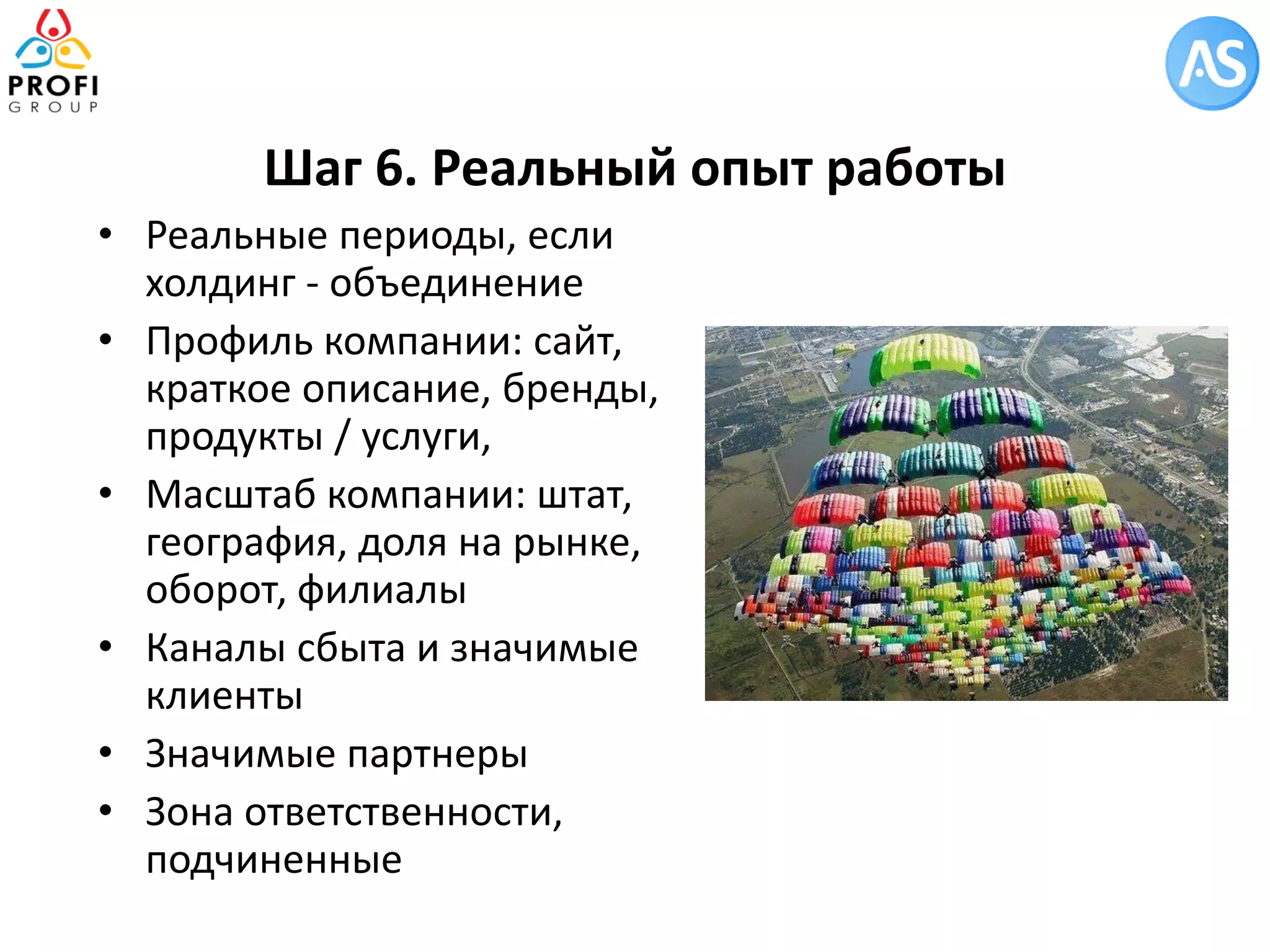Шаг 6. Реальный опыт работы 
•Реальные периоды, если холдинг - объединение 
•Профиль компании: сайт, краткое описание, бренды, продукты / услуги, 
•Масштаб компании: штат, география, доля на рынке, оборот, филиалы 
•Каналы сбыта и значимые клиенты 
•Значимые партнеры 
•Зона ответственности, подчиненные  