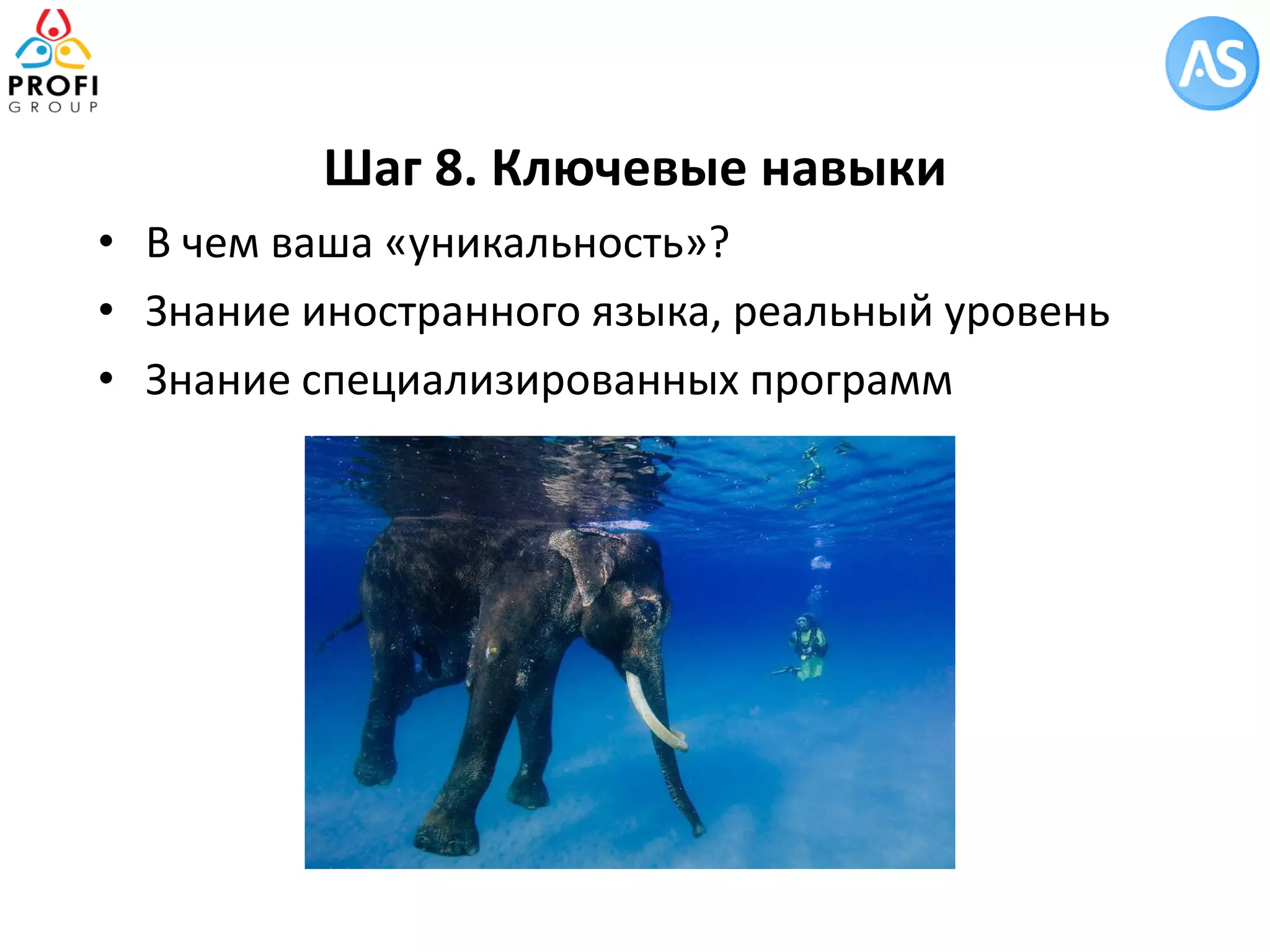 Шаг 8. Ключевые навыки 
•В чем ваша «уникальность»? 
•Знание иностранного языка, реальный уровень 
•Знание специализированных программ  