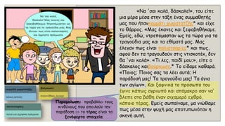 «Να 'σαικαλά, δάσκαλε!», του είπε μια μέρα μέσα στην τάξη ένας συμμαθητής μας που ήτανκομμάτιχωρατατζής*και είχε το θάρρος. «Μας έκανες και ξεφοβηθήκαμε. Εμείς, εδώ, ντρεπόμασταν ως τα τώρα για τα τραγούδια μας και τα εθίματάμας. Μας έλεγαν πως είναιπαλιατσαρίες*και πως, αφού δεν τα τραγουδούν στις ντισκοτέκ, δεν θα 'ναι καλά». «Τι λες, παιδί μου;», είπε ο δάσκαλος καιβούρκωσε.*Το είδαμε καθαρά. «Ποιος; Ποιος σας τα λέει αυτά; Η παράδοσή μας! Τα τραγούδια μας! Τα άγια των αγίων». Και ξαφνικά το πρόσωπό του έγινε κάπως αγριωπό και απόμακρο σαν να‘ βλεπεστα βάθη έναν σιχαμερό εχθρό, κάποιο τέρας. Εμείς σωπαίναμε, μα νιώθαμε πως μέσα στην ψυχή μας αποτυπωνόταν η σκηνή αυτή. Παρομοίωση: προβάλλει τους κινδύνους που απειλούν την παράδοση το τέραςείναι τα ξενόφερτα στοιχεία.  