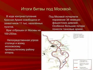 ИИттооггии ббииттввыы ппоодд ММооссккввоойй.. 
ППоодд ММооссккввоойй ппооттееррппееллии 
ппоорраажжееннииее 338 ннееммееццккоо-- 
ффаашшииссттссккиихх ддииввииззиийй.. 
ООссооббеенннноо ббооллььшшииее ппооттееррии 
ппооннеессллии ттааннккооввыыее ааррммииии.. 
ВВ ххооддее ккооннттррннаассттууппллеенниияя 
ККрраассннааяя ААррммиияя ооссввооббооддииллаа оотт 
ззааххввааттччииккоовв 1111 ттыысс.. ннаассееллёённнныыхх 
ппууннккттоовв.. 
ВВрраагг ооттббрроошшеенн оотт ММооссккввыы ннаа 
110000--225500ккмм.. 
ННееппооссррееддссттввееннннааяя ууггррооззаа 
ссттооллииццее ии ввссееммуу 
ммооссккооввссккооммуу 
ппррооммыышшллееннннооммуу ррааййооннуу 
ооттппааллаа.. 
 