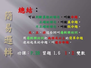 總結： 
可以判斷真假的語句，叫做命題。 
正確的語句，叫做真命題。 
不正確的語句，叫做假命題。 
或、且、非這些詞叫邏輯聯結詞。 
用邏輯聯結詞把兩個或以上的簡單命題 
連結起來的命題，叫複合命題。 
功課：P.28 習題1.6 1，2 雙數 
