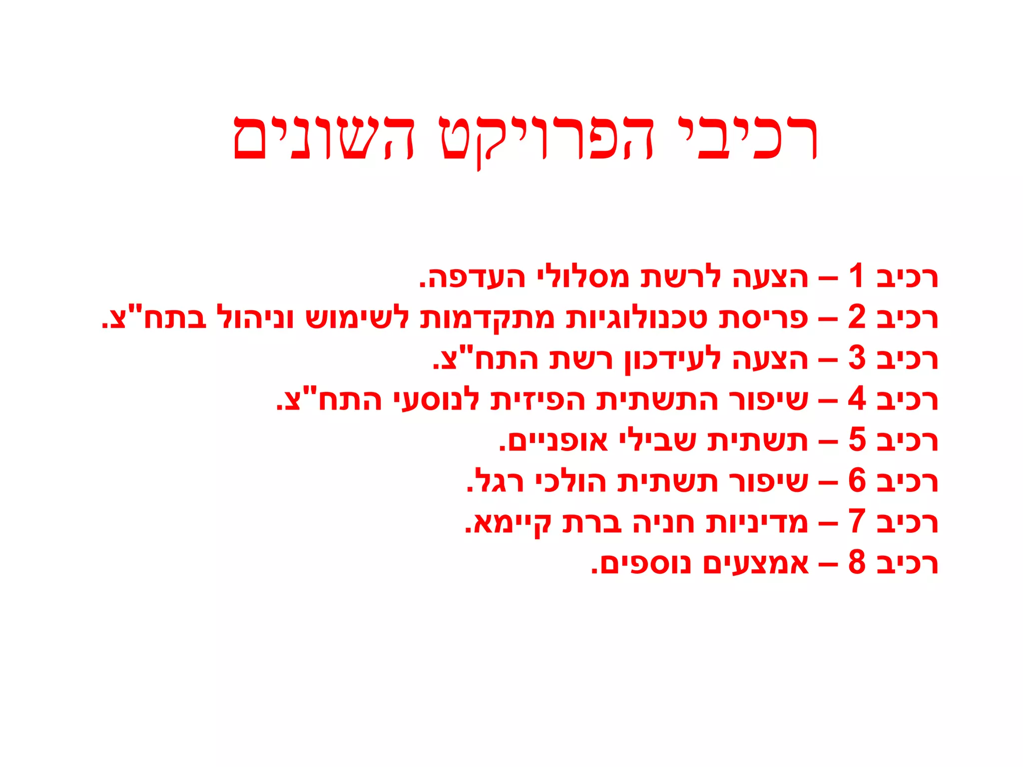 רכיבי הפרויקט השונים 
רכיב 1 – הצעה לרשת מסלולי העדפה. 
רכיב 2 – פריסת טכנולוגיות מתקדמות לשימוש וניהול בתח"צ. 
רכיב 3 – הצעה לעידכון רשת התח"צ. 
רכיב 4 – שיפור התשתית הפיזית לנוסעי התח"צ. 
רכיב 5 – תשתית שבילי אופניים. 
רכיב 6 – שיפור תשתית הולכי רגל. 
רכיב 7 – מדיניות חניה ברת קיימא. 
רכיב 8 – אמצעים נוספים. 
 