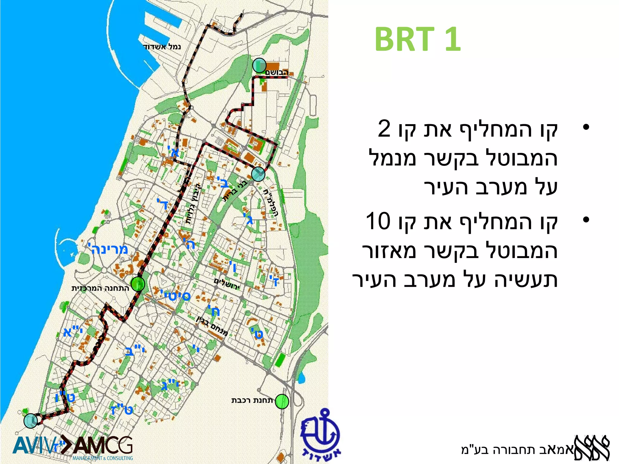 BRT 1 
• קו המחליף את קו 2 
המבוטל בקשר מנמל 
על מערב העיר 
• קו המחליף את קו 10 
המבוטל בקשר מאזור 
תעשיה על מערב העיר 
א' 
ב' 
בני ברית 
ג' 
ד' 
ה' 
ו' 
ז' 
מרינה' 
סיטי' 
ח' 
ט' 
י' 
י"א 
י"ב 
י"ג 
ט"ו 
ט"ז 
י"ז 
הבושם 
נמל אשדוד 
התחנה המרכזית 
תחנת רכבת 
הרצל 
ירושלים 
מנחם בגין 
הפלמ"ח 
כנרת 
קי בוץ גלויו ת 
אמאב תחבורה בע"מ 
 