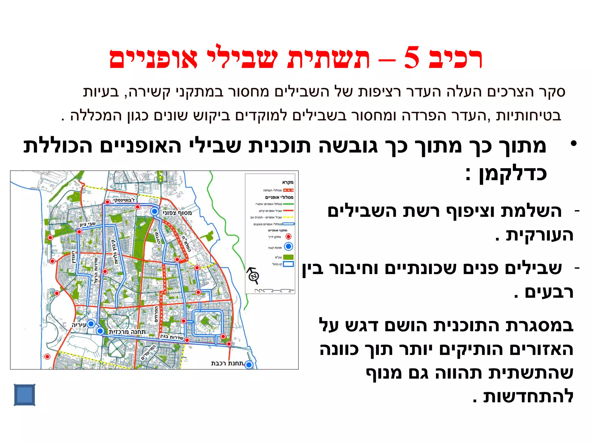 רכיב 5 – תשתית שבילי אופניים 
סקר הצרכים העלה העדר רציפות של השבילים מחסור במתקני קשירה, בעיות 
בטיחותיות ,העדר הפרדה ומחסור בשבילים למוקדים ביקוש שונים כגון המכללה . 
• מתוך כך מתוך כך גובשה תוכנית שבילי האופניים הכוללת 
כדלקמן : 
- השלמת וציפוף רשת השבילים 
העורקית . 
- שבילים פנים שכונתיים וחיבור בין 
רבעים . 
במסגרת התוכנית הושם דגש על 
האזורים הותיקים יותר תוך כוונה 
שהתשתית תהווה גם מנוף 
להתחדשות . 
 