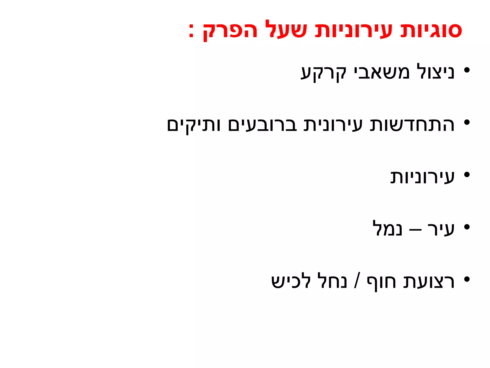 סוגיות עירוניות שעל הפרק : 
• ניצול משאבי קרקע 
• התחדשות עירונית ברובעים ותיקים 
• עירוניות 
• עיר – נמל 
• רצועת חוף / נחל לכיש 
 