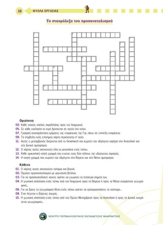 38 ΦΥΛΛΑ ΕΡΓΑΣΙΑΣ 
Το σταυρόλεξο του προσανατολισμού 
ΚΕΝΤΡΟ ΠΕΡΙΒΑΛΛΟΝΤΙΚΗΣ ΕΚΠΑΙΔΕΥΣΗΣ ΜΑΚΡΙΝΙΤΣΑΣ 
Οριζόντια 
02. Κάθε νοητός κύκλος παράλληλος προς τον Ισημερινό. 
05. Σε κάθε εκκλησία το ιερό βρίσκεται σε αυτόν τον τοίχο. 
07. Γραφική αναπαράσταση τμήματος της επιφάνειας της Γης πάνω σε επίπεδη επιφάνεια. 
09. Τα σύμβολα ενός επίσημου χάρτη περιέχονται σ’ αυτό. 
11. Αυτός ο μεσημβρινός διέρχεται από το Greenwich και χωρίζει την υδρόγειο σφαίρα στο Ανατολικό και 
στο Δυτικό ημισφαίριο. 
12. Ο χάρτης αυτός απεικονίζει όλα τα μονοπάτια ενός τόπου. 
13. Κάθε ημικυκλική νοητή γραμμή που ενώνει τους δύο πόλους της υδρόγειου σφαίρας. 
14. Η νοητή γραμμή που χωρίζει την υδρόγειο στο Βόρειο και στο Νότιο ημισφαίριο. 
Κάθετα 
01. Ο χάρτης αυτός απεικονίζει ποτάμια και βουνά. 
02. Όργανο προσανατολισμού με μαγνητική βελόνα. 
03. Για να προσανατολιστεί κανείς πρέπει να γνωρίζει τα τέσσερα σημεία του. 
04. Η γωνιακή απόσταση ενός τόπου από τον Ισημερινό προς τα Βόρεια ή προς τα Νότια ονομάζεται γεωγρα- 
φικό... 
06. Για να βρεις τη γεωγραφική θέση ενός τόπου πρέπει να χρησιμοποιήσεις το σύστημα... 
08. Έτσι λέγεται ο βόρειος άνεμος. 
10. Η γωνιακή απόσταση ενός τόπου από τον Πρώτο Μεσημβρινό προς τα Ανατολικά ή προς τα Δυτικά ονομά- 
ζεται γεωγραφικό... 
 