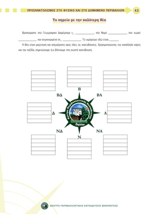 43 
ΠΡΟΣΑΝΑΤΟΛΙΣΜΟΣ ΣΤΟ ΦΥΣΙΚΟ ΚΑΙ ΣΤΟ ΔΟΜΗΜΕΝΟ ΠΕΡΙΒΑΛΛΟΝ 
Το σημείο με την καλύτερη θέα 
Βρισκόμαστε στο Γεωγραφικό Διαμέρισμα τ_ ____________, στο Νομό ____________, στο χωριό 
____________ και συγκεκριμένα στ_ ____________. Το υψόμετρο εδώ είναι ______. 
Η θέα είναι μαγευτική και απεριόριστη προς όλες τις κατευθύνσεις. Χρησιμοποιώντας τον κατάλληλο χάρτη 
και την πυξίδα, σημειώνουμε ό,τι βλέπουμε στη σωστή κατεύθυνση. 
ΚΕΝΤΡΟ ΠΕΡΙΒΑΛΛΟΝΤΙΚΗΣ ΕΚΠΑΙΔΕΥΣΗΣ ΜΑΚΡΙΝΙΤΣΑΣ 
 