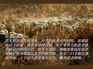 你要這樣做︰ 
首先要迅速叫救護車。在等待救護車的同時，，需要採
取以下措施︰讓患者身體前傾，，用手掌用力拍患者後
背兩肩中間的位置。如果不奏效，，那麼需要站在患者
身後，，用拳頭抵住患者的腹背部，，用另一只手握住那
個拳頭，，上下用力推進推出五次，，幫助患者呼吸。
 