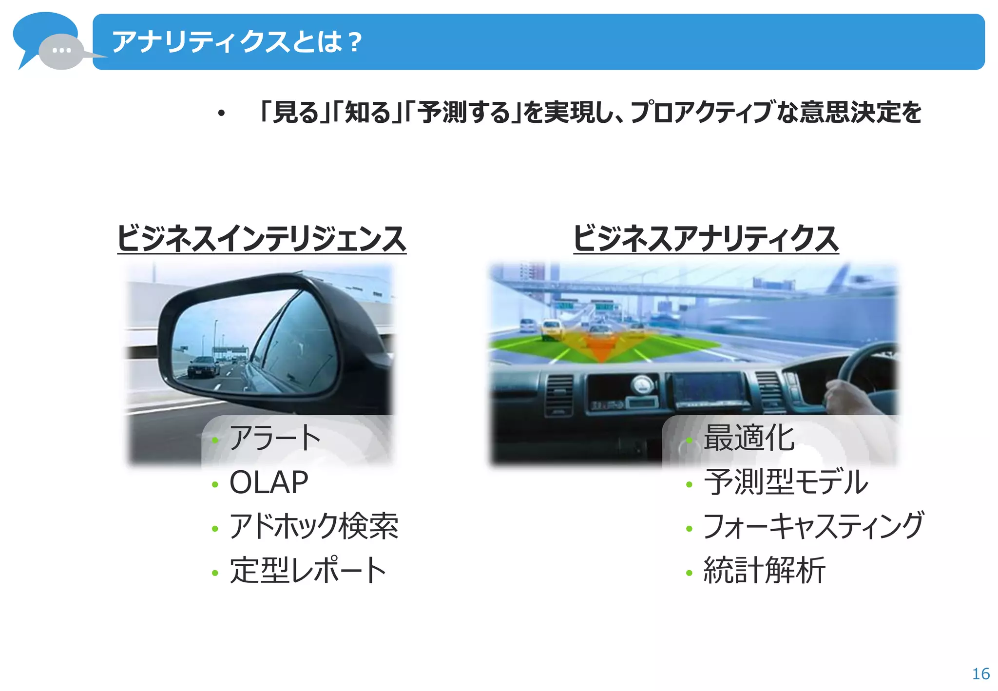 … 
16 
アナリティクスとは？ 
ビジネスインテリジェンス 
•アラート 
•OLAP 
•アドホック検索 
•定型レポート 
ビジネスアナリティクス 
•最適化 
•予測型モデル 
•フォーキャスティング 
•統計解析 
• 「見る」「知る」「予測する」を実現し、プロアクティブな意思決定を  