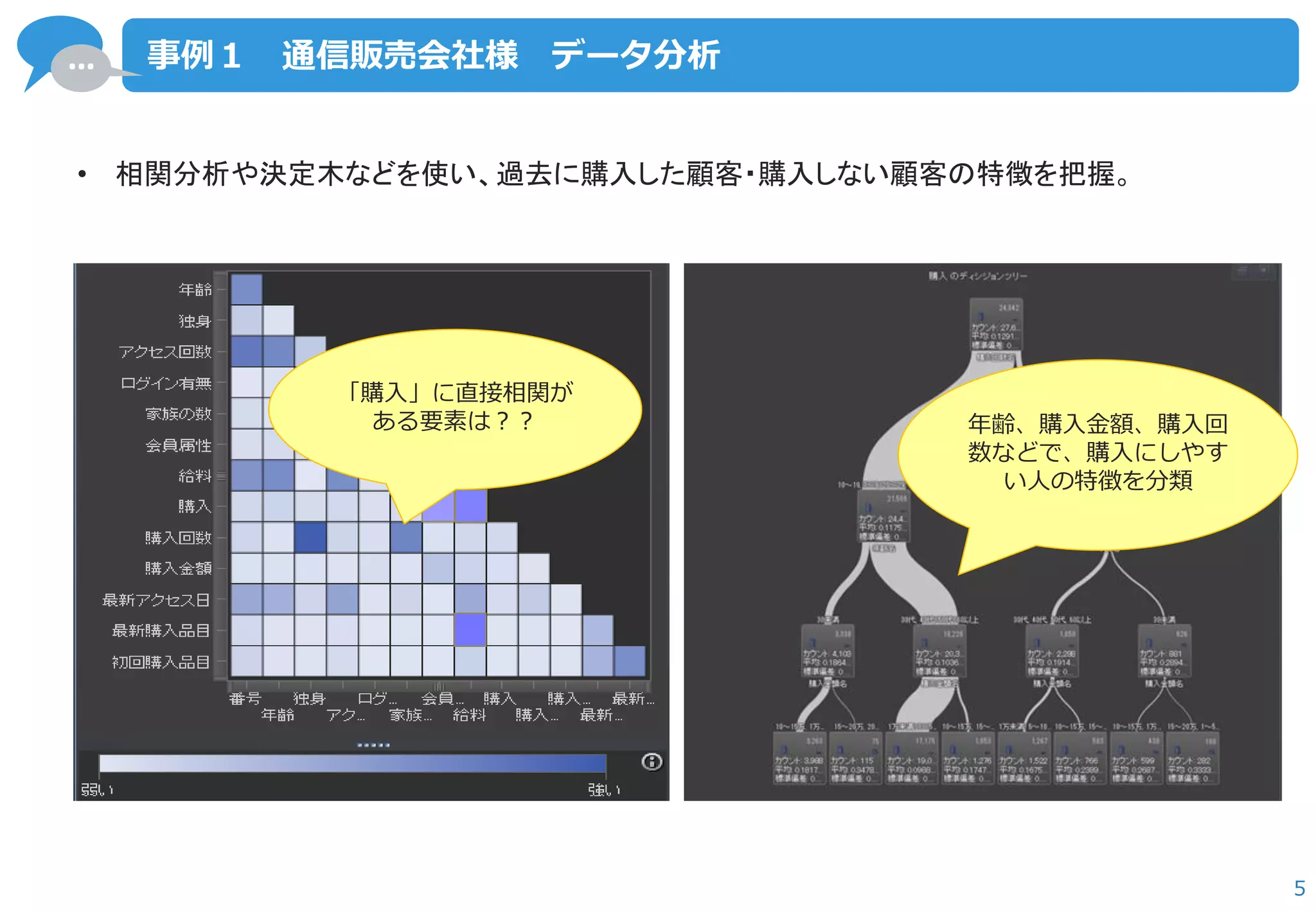 … 
5 
事例１ 通信販売会社様 データ分析 
•相関分析や決定木などを使い、過去に購入した顧客・購入しない顧客の特徴を把握。 
年齢、購入金額、購入回 数などで、購入にしやす い人の特徴を分類 
「購入」に直接相関が ある要素は？？  