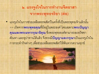 ๒. แรงจูงใจในการทางานจิตอาสา
จากพระพุทธจริยา (ต่อ)
• แรงจูงใจในการช่วยเหลือสรรพสัตว์ในครั้งที่เป็นพระพุทธเจ้าแล้วนั้น
>> เกิดจากพระพุทธคุณที่มีอยู่ในพระองค์ โดยเฉพาะพระปัญญา
คุณและพระมหากรุณาธิคุณ ซึ่งพระพุทธองค์สามารถละอวิชชา
ตัณหา และอุปาทานได้แล้ว จึงทรงมีปัญญาและกรุณาเป็นแรงจูงใจใน
การกระทากิจต่างๆ เพื่อช่วยเหลือสรรพสัตว์ให้พ้นจากความทุกข์
 