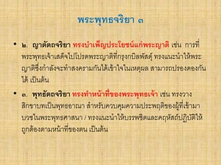 พระพุทธจริยา ๓
• ๒. ญาตัตถจริยา ทรงบาเพ็ญประโยชน์แก่พระญาติ เช่น การที่
พระพุทธเจ้าเสด็จไปโปรดพระญาติที่กรุงกบิลพัสดุ์ ทรงแนะนาให้พระ
ญาติซึ่งกาลังจะทาสงครามกันได้เข้าใจในเหตุผล สามารถปรองดองกัน
ได้ เป็นต้น
• ๓. พุทธัตถจริยา ทรงทาหน้าที่ของพระพุทธเจ้า เช่น ทรงวาง
สิกขาบทเป็นพุทธอาณา สาหรับควบคุมความประพฤติของผู้ที่เข้ามา
บวชในพระพุทธศาสนา / ทรงแนะนาให้บรรพชิตและคฤหัสถ์ปฏิบัติให้
ถูกต้องตามหน้าที่ของตน เป็นต้น
 