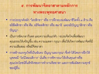 ๕. การพัฒนาจิตอาสาตามหลักการ
ทางพระพุทธศาสนา
• การประยุกต์หลัก “ไตรสิกขา” หรือ การฝึกอบรมพัฒนาชีวิตทั้ง ๓ ด้าน คือ
อธิสีลสิกขา หรือ ศีล, อธิจิตตสิกขา หรือ สมาธิ และอธิปัญญาสิกขา หรือ
ปัญญา
• เป็นการขัดเกลากิเลส และความเห็นแก่ตัว / อบรมจิตใจเพื่อพัฒนา
คุณธรรมให้เจริญขึ้น เช่น ความเมตตา กรุณา เพื่อให้เกิดการพัฒนาจิตที่มี
ความเสียสละ หรือมีจิตอาสา
• การสร้างแรงจูงใจที่เป็นฉันทะ ปัญญาและกรุณา ซึ่งทาได้โดยการฝึกให้
บุคคลมี “โยนิโสมนสิการ” นั่นคือ การพิจารณาให้เห็นคุณค่าหรือ
คุณประโยชน์ที่แท้จริงของการทางานจิตอาสา และการสัมผัสความทุกข์
ของผู้อื่น
 