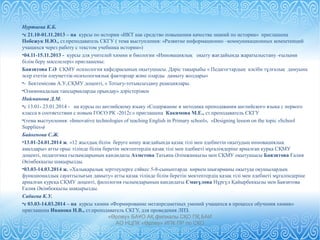 Нуртаева К.Б. 
•с 21.10-01.11.2013 – на курсы по истории «ИКТ как средство повышения качества знаний по истории» приглашена 
Побежук Н.Ю., ст.преподаватель СКГУ ( тема выступления: «Развитие информационно –коммуникационных компетенций 
учащихся через работу с текстом учебника истории») 
•04.11-15.11.2013 - курсы для учителей химии и биологии «Инновациялық оқыту жағдайында жаратылыстану -ғылыми 
білім беру мәселелері» приглашены: 
Баязитова Г.Ә СҚМУ психология кафедрасының оқытушысы. Дәріс тақырыбы « Педагогтардың кәсіби тұлғалық дамуына 
әсер ететін әлеуметтік-психологиялық факторлар және оларды дамыту жолдары» 
•- Бектемісова А.У.,СҚМУ доценті, « Тотығу-тотықсыздану реакциялары. 
•Олимпиадалық тапсырмаларды орындау» дәрістерімен 
Найманова Д.М. 
•с 13.01- 23.01.2014 - на курсы по английскому языку «Содержание и методика преподавания английского языка с первого 
класса в соответствии с новым ГОСО РК -2012г.» приглашена Какимова М.Е., ст.преподаватель СКГУ 
•(тема выступления: «Innovative technologies of teaching English in Primary school», «Designing lesson on the topic «School 
Supplies») 
Байкенова С.Ж. 
•13.01-24.01.2014 ж. «12 жылдық білім беруге көшу жағдайында қазақ тілі мен әдебиетін оқытудың инновациялық 
амалдары» атты орыс тілінде білім беретін мектептердің қазақ тілі мен әдебиеті мұғалімдеріне арналған курқа СҚМУ 
доценті, педагогика ғылымдарының кандидаты Ахметова Татьяна Әлімжанқызы мен СҚМУ оқытушысы Баязитова Ғалия 
Әкімбекқызы шақырылды. 
•03.03-14.03.2014 ж. «Халықаралық зерттеулерге сәйкес 5-8-сыныптарда көркем шығарманы оқытуда оқушылардың 
функционалдық сауаттылығын дамыту» атты қазақ тілінде білім беретін мектептердің қазақ тілі мен әдебиеті мұғалімдеріне 
арналған курсқа СҚМУ доценті, филология ғылымдарының кандидаты Смағұлова Нұргүл Қайырбекқызы мен Баязитова 
Ғалия Әкімбекқызы шақырылды. 
Сабиева К.У. 
•с 03.03-14.03.2014 – на курсы химии «Формирование метапредметных умений учащихся в процессе обучения химии» 
приглашена Иванова Н.В., ст.преподаватель СКГУ, для проведения ЛПЗ. 
«Өрлеу» БАҰО АҚ филиалы СҚО ПҚ БАИ 
АО НЦПК «Өрлеу» ИПК ПР по СКО 
 