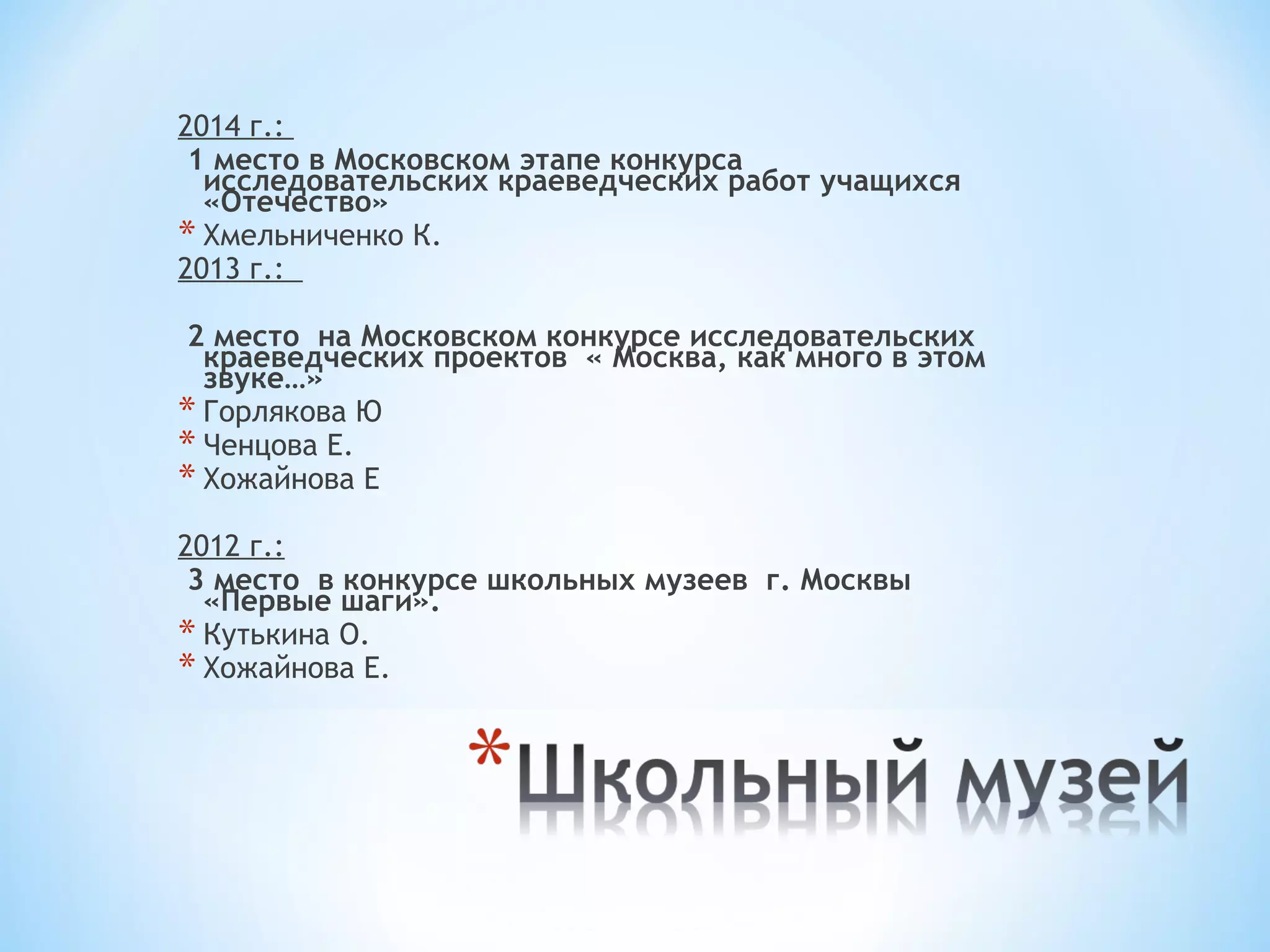 2014 г.: 
1 место в Московском этапе конкурса 
исследовательских краеведческих работ учащихся 
«Отечество» 
* Хмельниченко К. 
2013 г.: 
2 место на Московском конкурсе исследовательских 
краеведческих проектов « Москва, как много в этом 
звуке…» 
* Горлякова Ю 
* Ченцова Е. 
* Хожайнова Е 
2012 г.: 
3 место в конкурсе школьных музеев г. Москвы 
«Первые шаги». 
* Кутькина О. 
* Хожайнова Е. 
 