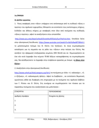Σενάριο διδασκαλίας 21 
ΚΣΕ Ιλίου, ΠΕ02, Φεβρουάριος – Οκτώβριος 2014 
1η ΟΜΑΔΑ 
2ο φύλλο εργασίας 1. Ποιες αναφορές στον «ήλιο» υπάρχουν στο απόσπασμα από τη συλλογή «ήλιος ο πρώτος» του σχολικού εγχειριδίου; Μπορείτε να εντοπίσετε τους αντίστοιχους στίχους; Συλλέξτε και άλλους στίχους με αναφορές στον ήλιο από ποιήματα της συλλογής «ήλιος ο πρώτος», αφού τα αναζητήσετε στην ιστοσελίδα: http://www.psu.edu/dept/cellwall/GreekStuff/Elytis/SunTheFirst.htm. Επιπλέον δείτε στην ηλεκτρονική διεύθυνση: https://www.youtube.com/watch?v=8aYtsRwdKTY&hd=1 το μελοποιημένο ποίημα του Ο. Ελύτη «τα τζιτζίκια». Σε ποια συμπεράσματα καταλήγετε για τη σημασία και το ρόλο του «ήλιου» στην ποίηση του Ελύτη; Να ανοίξετε την εφαρμογή επεξεργασίας κειμένου (MS Word) και να δημιουργήσετε σε ένα νέο κενό έγγραφο ένα κείμενο 70-80 λέξεων καταγράφοντας τα συμπεράσματα σας. Να αποθηκεύσετε το έγγραφο στην επιφάνεια εργασίας με όνομα: «ο ήλιος στον Ελύτη». 
2. Αναζητήστε στην ηλεκτρονική διεύθυνση: 
http://www.snhell.gr/kids/category.asp?id=2 τα ποιήματα με τίτλο: «1. καλοκαίρι» , «2. ο τζίτζικας», «3. καλοκαιρινές φιλίες». Αφού τα διαβάσετε , να εντοπίσετε θεματικές ομοιότητες αλλά και διαφορές στη στιχουργία με τα ποιήματα του σχολικού βιβλίου των Γ. Ρίτσου και Ο. Ελύτη. Στη συνέχεια να συμπληρώσετε τον πίνακα για τα παραπάνω ποιήματα που αναζητήσατε και μελετήσατε : 
ΣΤΙΧΟΥΡΓΙΑ 
ΠΕΡΙΕΧΟΜΕΝΟ 
αριθμός στροφών 
1 
2. 
3. 
Στοιχεία της φύσης 
 