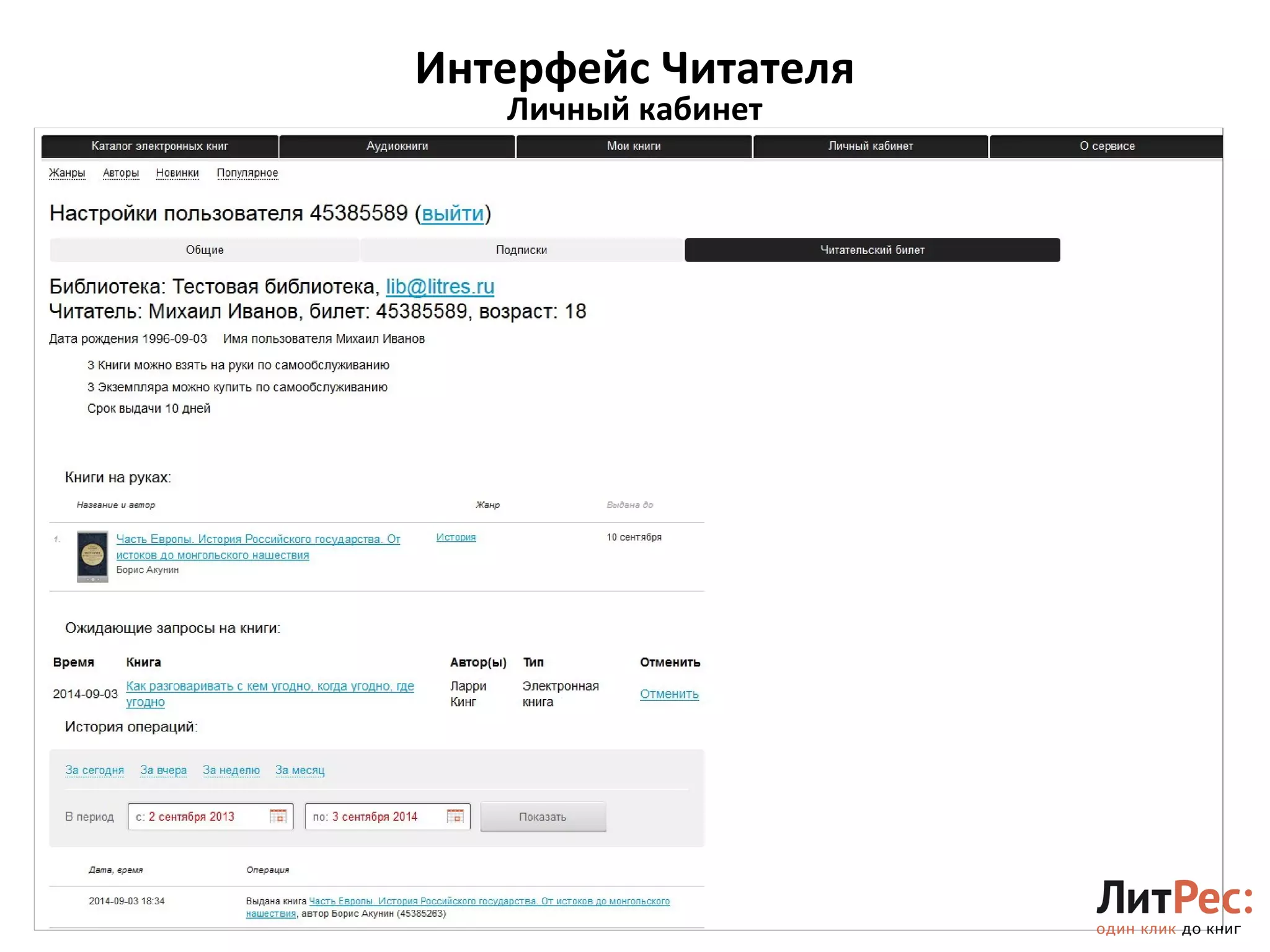 Интерфейс Читателя 
20 
Личный кабинет 
 