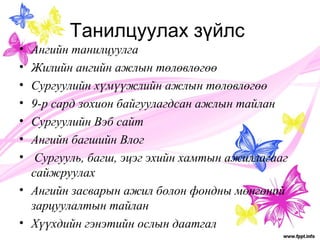 Танилцуулах зүйлс 
• Ангийн танилцуулга 
• Жилийн ангийн ажлын төлөвлөгөө 
• Сургуулийн хүмүүжлийн ажлын төлөвлөгөө 
• 9-р сард зохион байгуулагдсан ажлын тайлан 
• Сургуулийн Вэб сайт 
• Ангийн багшийн Влог 
• Сургууль, багш, эцэг эхийн хамтын ажиллагааг 
сайжруулах 
• Ангийн засварын ажил болон фондны мөнгөний 
зарцуулалтын тайлан 
• Хүүхдийн гэнэтийн ослын даатгал 
 