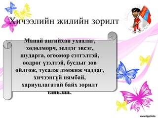 Хичээлийн жилийн зорилт 
Манай ангийхан ухаалаг, 
хөдөлмөрч, эелдэг эвсэг, 
шударга, өгөөмөр сэтгэлтэй, 
өөдрөг үзэлтэй, бусдыг зөв 
ойлгож, тусалж дэмжиж чаддаг, 
Манай ангийхан ухаалаг, 
хөдөлмөрч, эелдэг эвсэг, 
шударга, өгөөмөр сэтгэлтэй, 
өөдрөг үзэлтэй, бусдыг зөв 
ойлгож, тусалж дэмжиж чаддаг, 
хичээнгүй нямбай, 
хичээнгүй нямбай, 
хариуцлагатай байх зорилт 
хариуцлагатай байх зорилт 
тавьлаа. 
тавьлаа. 
 