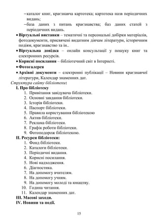 -каталог книг, краєзнавча картотека; картотека назв періодичних 
видань; 
-база даних з питань краєзнавства; баз даних статей з 
періодичних видань. 
·Віртуальні виставки – тематичні та персональні добірки матеріалів, 
фотодокументи, присвячені видатним діячам літератури, історичним 
подіям, краєзнавство та ін.. 
·Віртуальна довідка – онлайн консультації у пошуку книг та 
електронних ресурсів. 
·Корисні посилання – бібліотечний світ в Інтернеті. 
·Фотогалерея 
·Архівні документи – електронні публікації – Новини краєзнавчої 
літератури, Календар знаменних дат. 
Структура сайту бібліотеки: 
І. Про бібліотеку 
1. Привітання завідувача бібліотеки. 
2. Основні завдання бібліотеки. 
3. Історія бібліотеки. 
4. Паспорт бібліотеки. 
5. Правила користування бібліотекою 
6. Актив бібліотеки. 
7. Реклама бібліотеки. 
8. Графік роботи бібліотеки. 
9. Фотоподорож бібліотекою. 
ІІ. Ресурси бібліотеки: 
1. Фонд бібліотеки. 
2. Каталоги бібліотеки. 
3. Періодичні видання. 
4. Корисні посилання. 
5. Нові надходження. 
6. Діагностика. 
7. На допомогу вчителям. 
8. На допомогу учням. 
9. На допомогу молоді та юнацтву. 
10. Година читання. 
11. Календар знаменних дат. 
IІІ. Масові заходи. 
ІV. Новини та події. 
15 
 