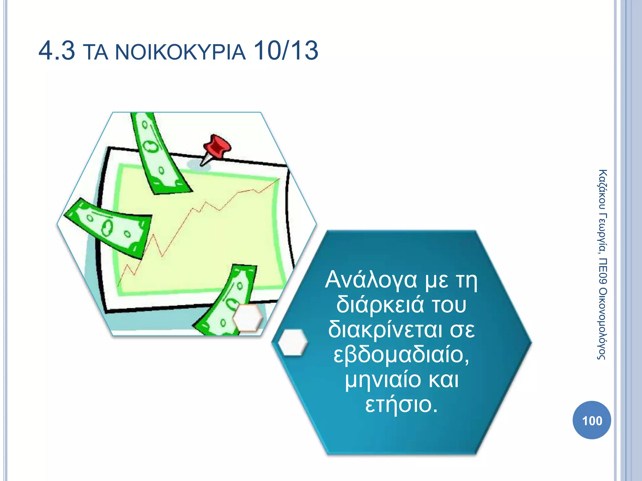 Ανάλογα με τη
διάρκειά του
διακρίνεται σε
εβδομαδιαίο,
μηνιαίο και
ετήσιο.
100
4.3 ΤΑ ΝΟΙΚΟΚΥΡΙΑ 10/13
ΚαζάκουΓεωργία,ΠΕ09Οικονομολόγος
 