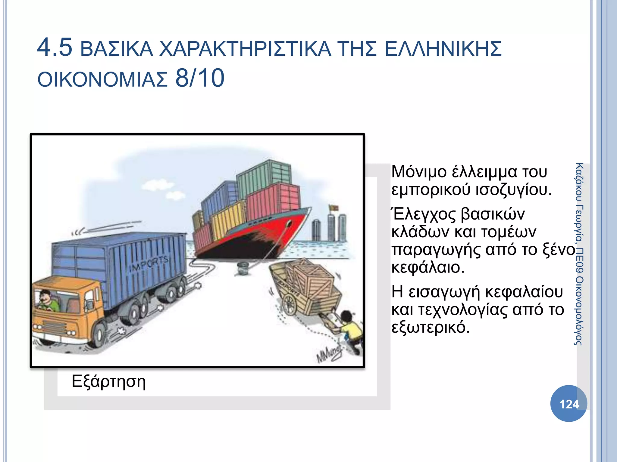 Εξάρτηση
Μόνιμο έλλειμμα του
εμπορικού ισοζυγίου.
Έλεγχος βασικών
κλάδων και τομέων
παραγωγής από το ξένο
κεφάλαιο.
Η εισαγωγή κεφαλαίου
και τεχνολογίας από το
εξωτερικό.
124
4.5 ΒΑΣΙΚΑ ΧΑΡΑΚΤΗΡΙΣΤΙΚΑ ΤΗΣ ΕΛΛΗΝΙΚΗΣ
ΟΙΚΟΝΟΜΙΑΣ 8/10
ΚαζάκουΓεωργία,ΠΕ09Οικονομολόγος
 