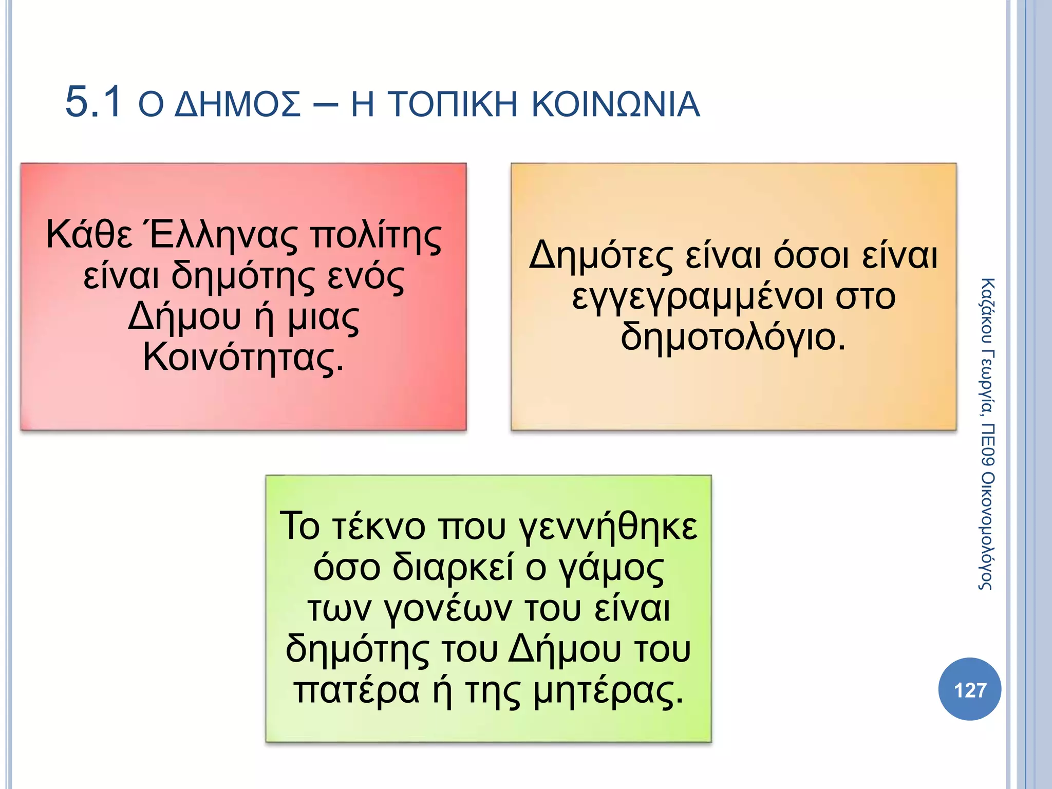 5.1 Ο ΔΗΜΟΣ – Η ΤΟΠΙΚΗ ΚΟΙΝΩΝΙΑ
Κάθε Έλληνας πολίτης
είναι δημότης ενός
Δήμου ή μιας
Κοινότητας.
Δημότες είναι όσοι είναι
εγγεγραμμένοι στο
δημοτολόγιο.
Το τέκνο που γεννήθηκε
όσο διαρκεί ο γάμος
των γονέων του είναι
δημότης του Δήμου του
πατέρα ή της μητέρας. 127
ΚαζάκουΓεωργία,ΠΕ09Οικονομολόγος
 