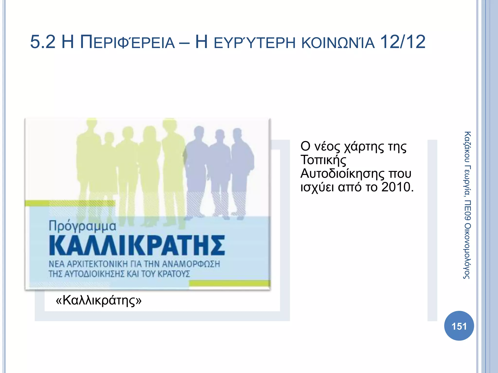 151
ΚαζάκουΓεωργία,ΠΕ09Οικονομολόγος
5.2 Η ΠΕΡΙΦΈΡΕΙΑ – Η ΕΥΡΎΤΕΡΗ ΚΟΙΝΩΝΊΑ 12/12
«Καλλικράτης»
Ο νέος χάρτης της
Τοπικής
Αυτοδιοίκησης που
ισχύει από το 2010.
 
