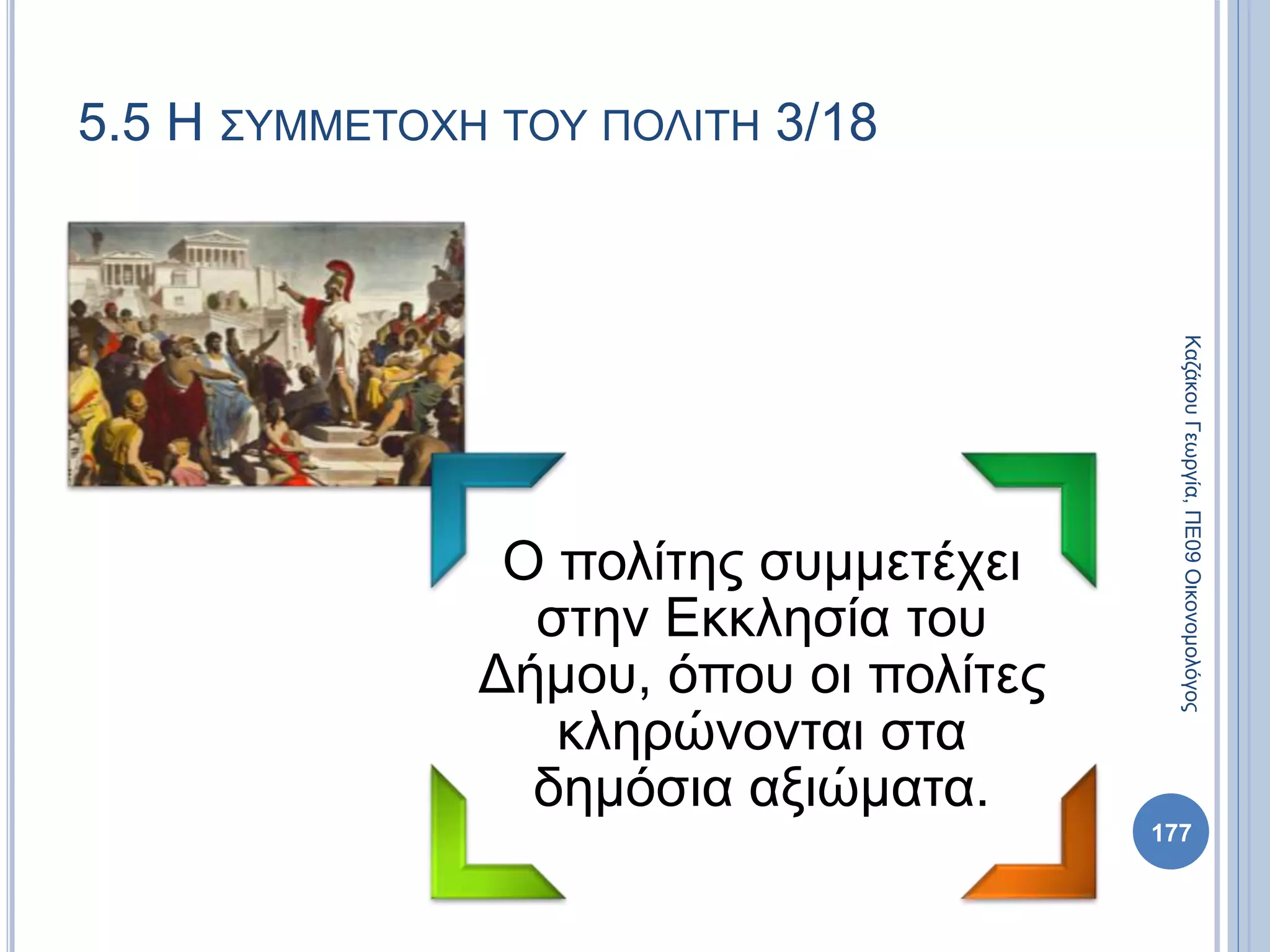 Ο πολίτης συμμετέχει
στην Εκκλησία του
Δήμου, όπου οι πολίτες
κληρώνονται στα
δημόσια αξιώματα.
177
ΚαζάκουΓεωργία,ΠΕ09Οικονομολόγος
5.5 Η ΣΥΜΜΕΤΟΧΗ ΤΟΥ ΠΟΛΙΤΗ 3/18
 