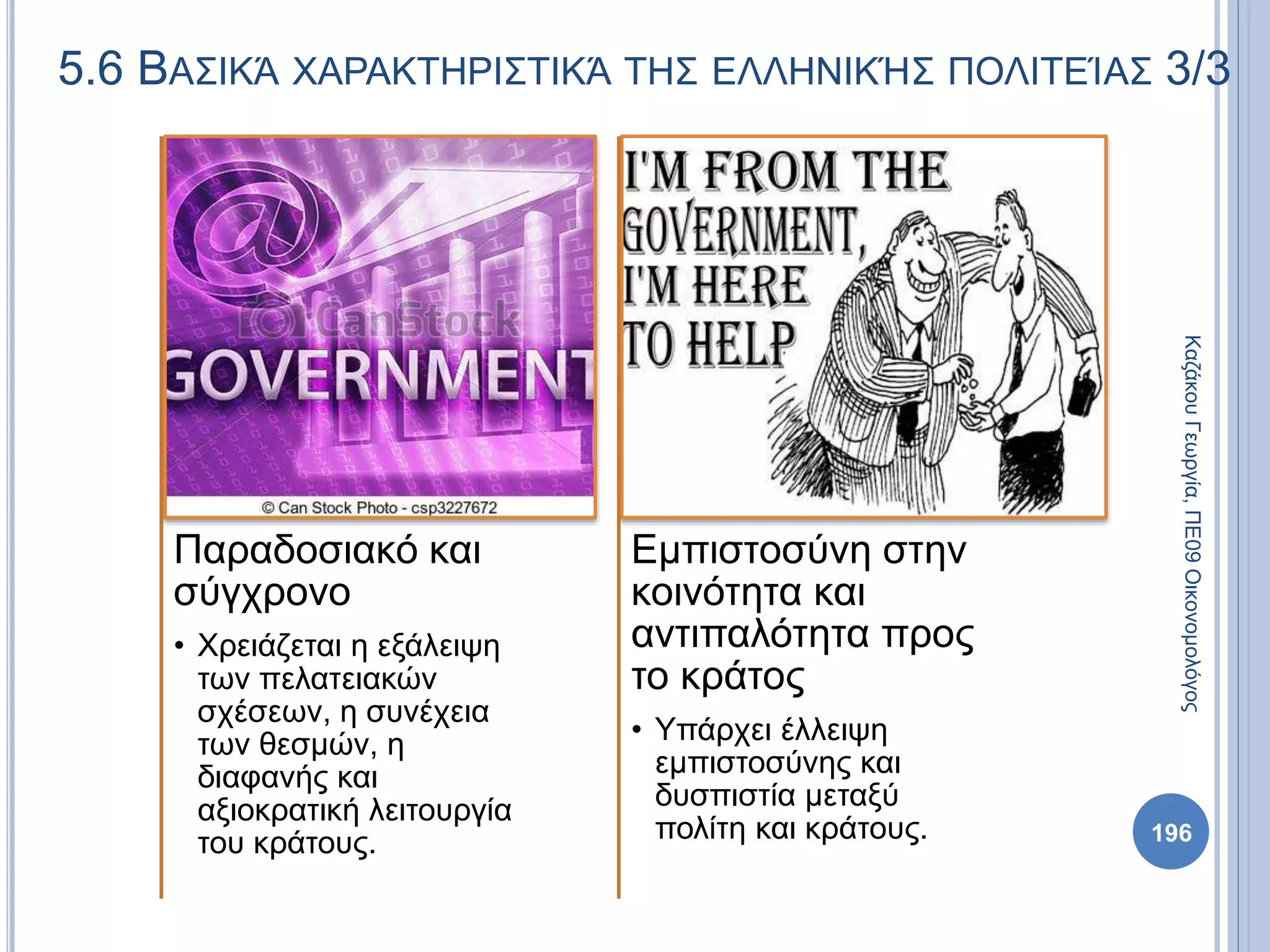 Παραδοσιακό και
σύγχρονο
• Χρειάζεται η εξάλειψη
των πελατειακών
σχέσεων, η συνέχεια
των θεσμών, η
διαφανής και
αξιοκρατική λειτουργία
του κράτους.
Εμπιστοσύνη στην
κοινότητα και
αντιπαλότητα προς
το κράτος
• Υπάρχει έλλειψη
εμπιστοσύνης και
δυσπιστία μεταξύ
πολίτη και κράτους. 196
ΚαζάκουΓεωργία,ΠΕ09Οικονομολόγος
5.6 ΒΑΣΙΚΆ ΧΑΡΑΚΤΗΡΙΣΤΙΚΆ ΤΗΣ ΕΛΛΗΝΙΚΉΣ ΠΟΛΙΤΕΊΑΣ 3/3
 