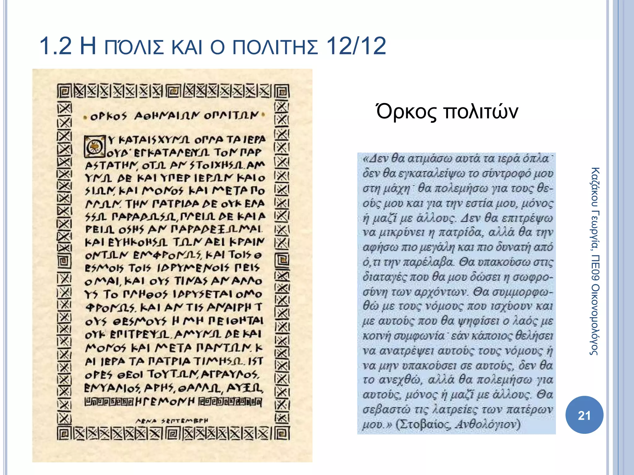 1.2 Η ΠΌΛΙΣ ΚΑΙ Ο ΠΟΛΙΤΗΣ 12/12
Όρκος πολιτών
21
ΚαζάκουΓεωργία,ΠΕ09Οικονομολόγος
 
