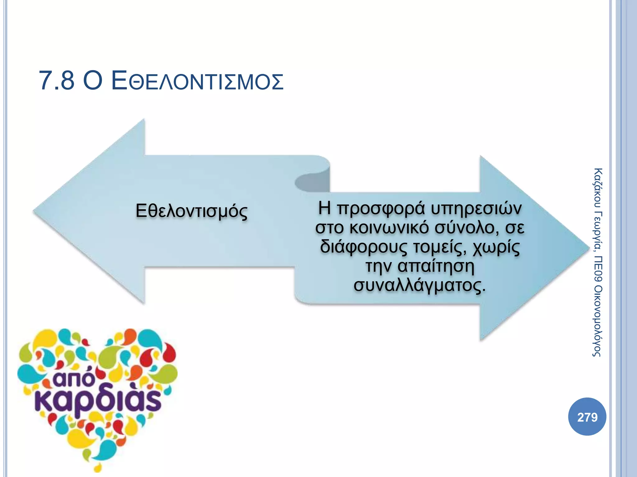 7.8 Ο ΕΘΕΛΟΝΤΙΣΜΟΣ
Εθελοντισμός Η προσφορά υπηρεσιών
στο κοινωνικό σύνολο, σε
διάφορους τομείς, χωρίς
την απαίτηση
συναλλάγματος.
279
ΚαζάκουΓεωργία,ΠΕ09Οικονομολόγος
 