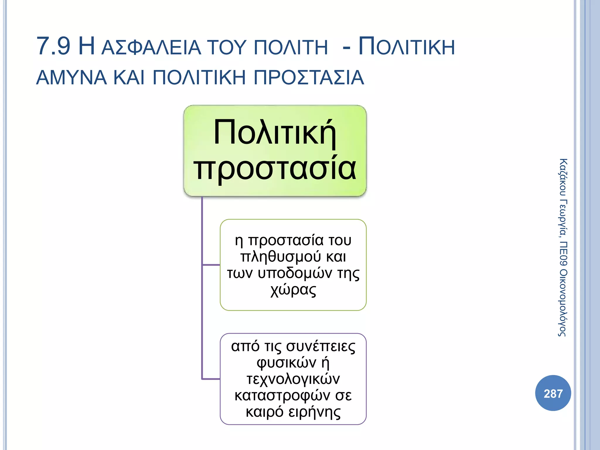 Πολιτική
προστασία
η προστασία του
πληθυσμού και
των υποδομών της
χώρας
από τις συνέπειες
φυσικών ή
τεχνολογικών
καταστροφών σε
καιρό ειρήνης
287
ΚαζάκουΓεωργία,ΠΕ09Οικονομολόγος
7.9 Η ΑΣΦΑΛΕΙΑ ΤΟΥ ΠΟΛΙΤΗ - ΠΟΛΙΤΙΚΗ
ΑΜΥΝΑ ΚΑΙ ΠΟΛΙΤΙΚΗ ΠΡΟΣΤΑΣΙΑ
 