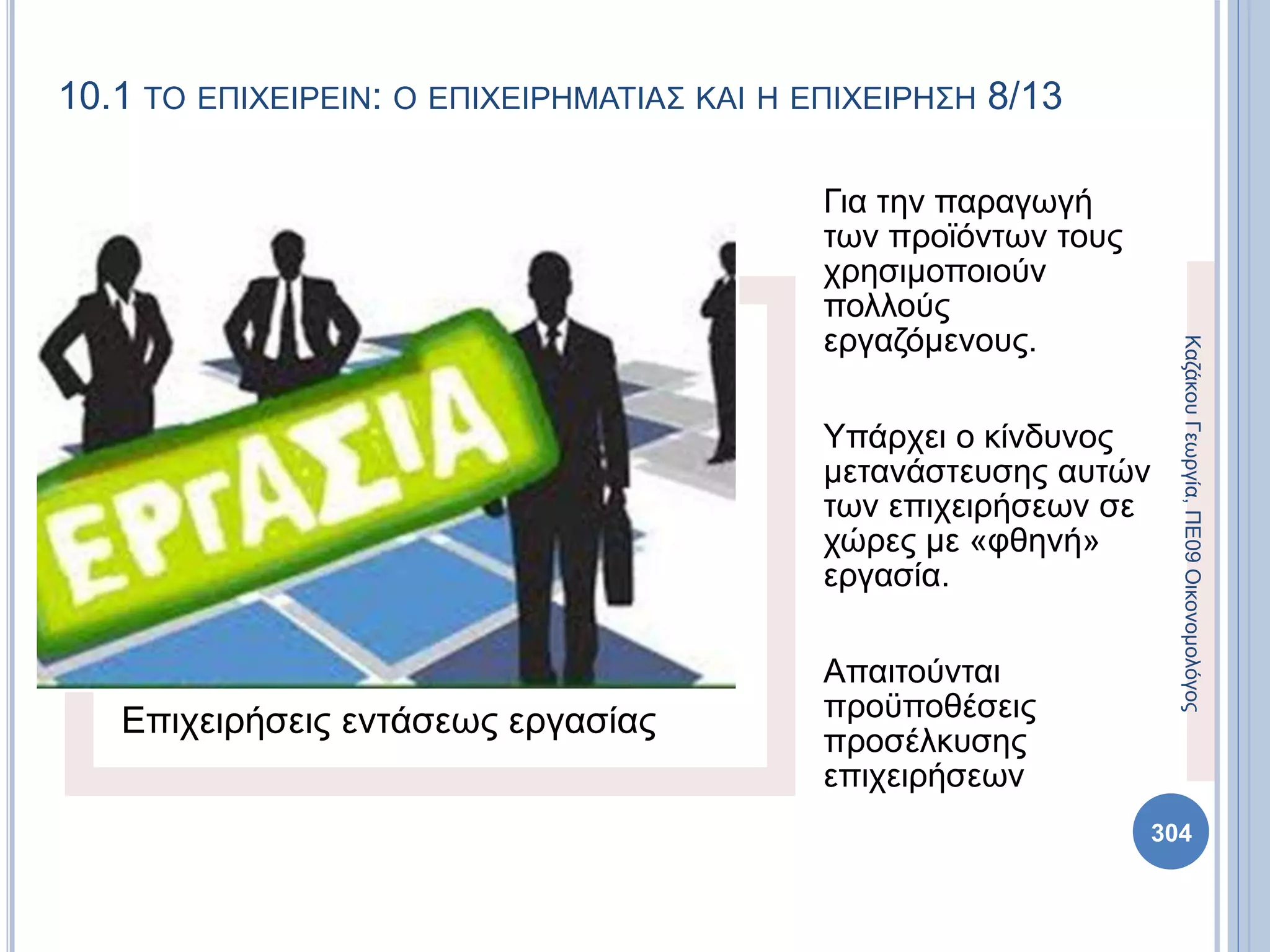 10.1 ΤΟ ΕΠΙΧΕΙΡΕΙΝ: Ο ΕΠΙΧΕΙΡΗΜΑΤΙΑΣ ΚΑΙ Η ΕΠΙΧΕΙΡΗΣΗ 8/13
Επιχειρήσεις εντάσεως εργασίας
Για την παραγωγή
των προϊόντων τους
χρησιμοποιούν
πολλούς
εργαζόμενους.
Υπάρχει ο κίνδυνος
μετανάστευσης αυτών
των επιχειρήσεων σε
χώρες με «φθηνή»
εργασία.
Απαιτούνται
προϋποθέσεις
προσέλκυσης
επιχειρήσεων
ΚαζάκουΓεωργία,ΠΕ09Οικονομολόγος
304
 