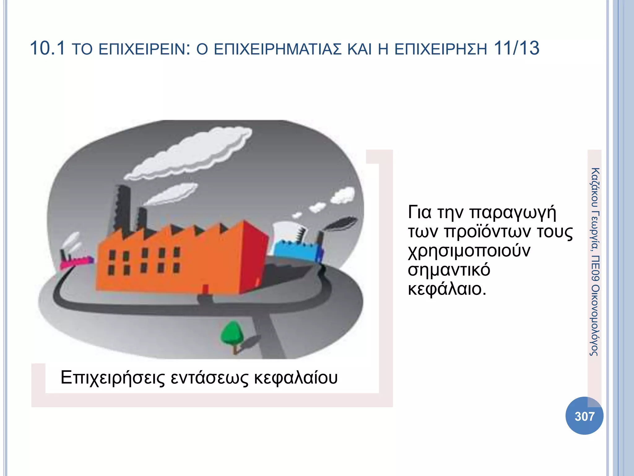 10.1 ΤΟ ΕΠΙΧΕΙΡΕΙΝ: Ο ΕΠΙΧΕΙΡΗΜΑΤΙΑΣ ΚΑΙ Η ΕΠΙΧΕΙΡΗΣΗ 11/13
Επιχειρήσεις εντάσεως κεφαλαίου
Για την παραγωγή
των προϊόντων τους
χρησιμοποιούν
σημαντικό
κεφάλαιο.
ΚαζάκουΓεωργία,ΠΕ09Οικονομολόγος
307
 