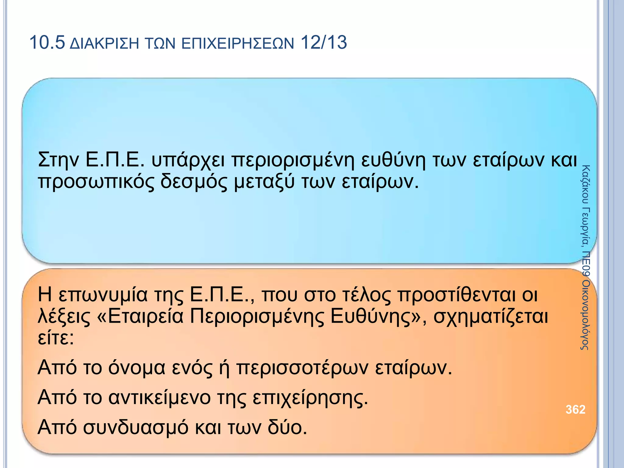 10.5 ΔΙΑΚΡΙΣΗ ΤΩΝ ΕΠΙΧΕΙΡΗΣΕΩΝ 12/13
Στην Ε.Π.Ε. υπάρχει περιορισμένη ευθύνη των εταίρων και
προσωπικός δεσμός μεταξύ των εταίρων.
Η επωνυμία της Ε.Π.Ε., που στο τέλος προστίθενται οι
λέξεις «Εταιρεία Περιορισμένης Ευθύνης», σχηματίζεται
είτε:
Από το όνομα ενός ή περισσοτέρων εταίρων.
Από το αντικείμενο της επιχείρησης.
Από συνδυασμό και των δύο.
ΚαζάκουΓεωργία,ΠΕ09Οικονομολόγος
362
 