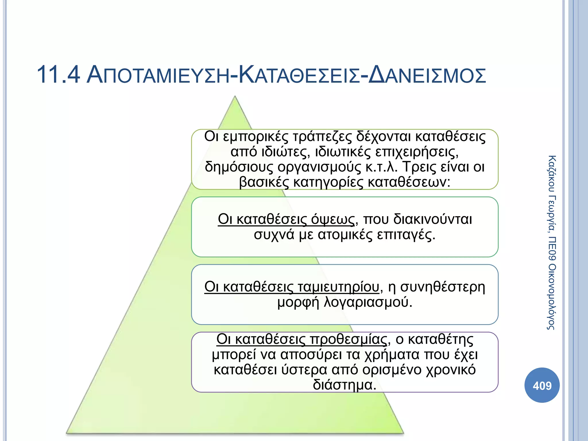 11.4 ΑΠΟΤΑΜΙΕΥΣΗ-ΚΑΤΑΘΕΣΕΙΣ-ΔΑΝΕΙΣΜΟΣ
409
ΚαζάκουΓεωργία,ΠΕ09Οικονομολόγος
Οι εμπορικές τράπεζες δέχονται καταθέσεις
από ιδιώτες, ιδιωτικές επιχειρήσεις,
δημόσιους οργανισμούς κ.τ.λ. Τρεις είναι οι
βασικές κατηγορίες καταθέσεων:
Οι καταθέσεις όψεως, που διακινούνται
συχνά με ατομικές επιταγές.
Οι καταθέσεις ταμιευτηρίου, η συνηθέστερη
μορφή λογαριασμού.
Οι καταθέσεις προθεσμίας, ο καταθέτης
μπορεί να αποσύρει τα χρήματα που έχει
καταθέσει ύστερα από ορισμένο χρονικό
διάστημα.
 