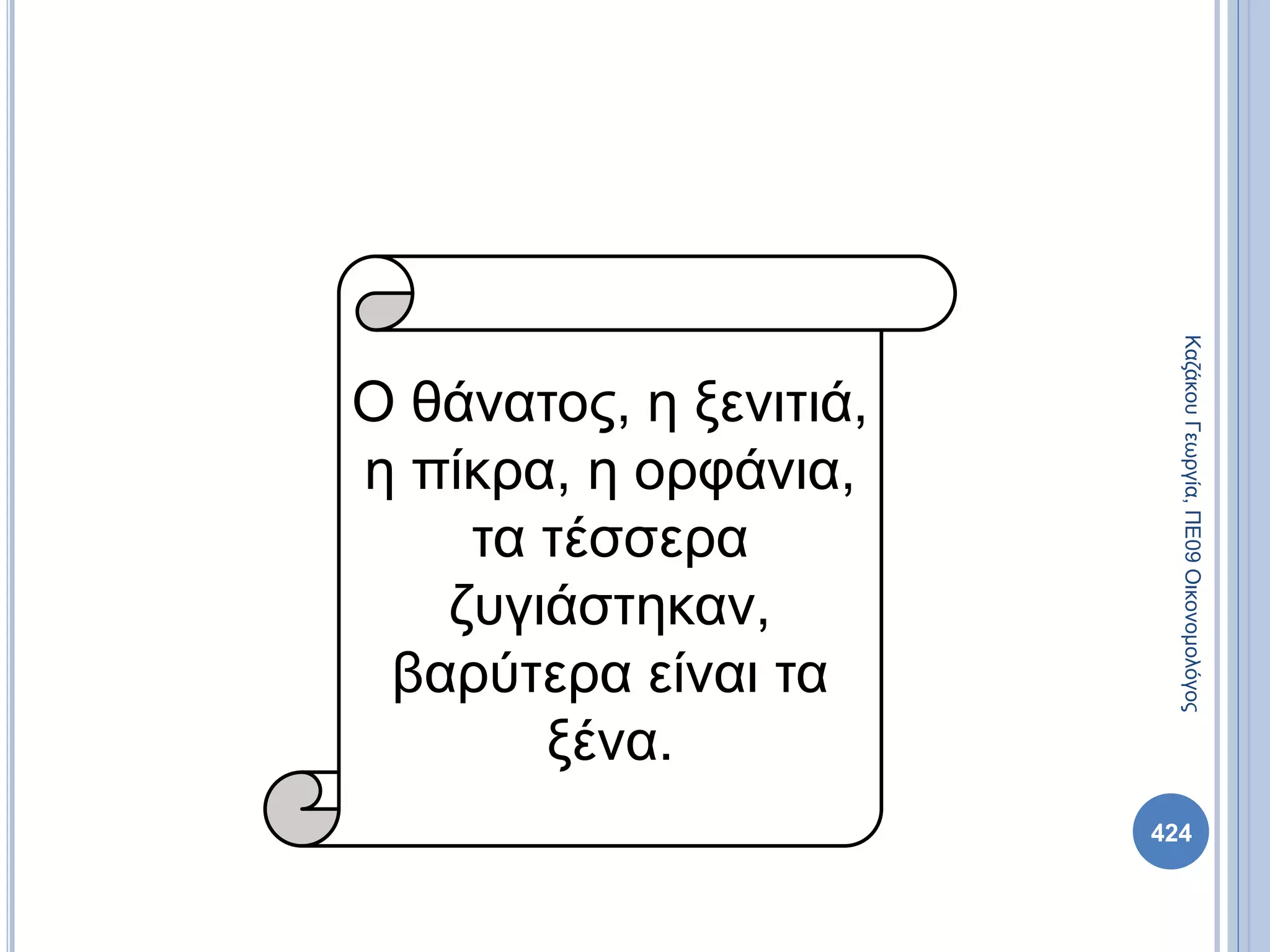 424
ΚαζάκουΓεωργία,ΠΕ09Οικονομολόγος
Ο θάνατος, η ξενιτιά,
η πίκρα, η ορφάνια,
τα τέσσερα
ζυγιάστηκαν,
βαρύτερα είναι τα
ξένα.
 