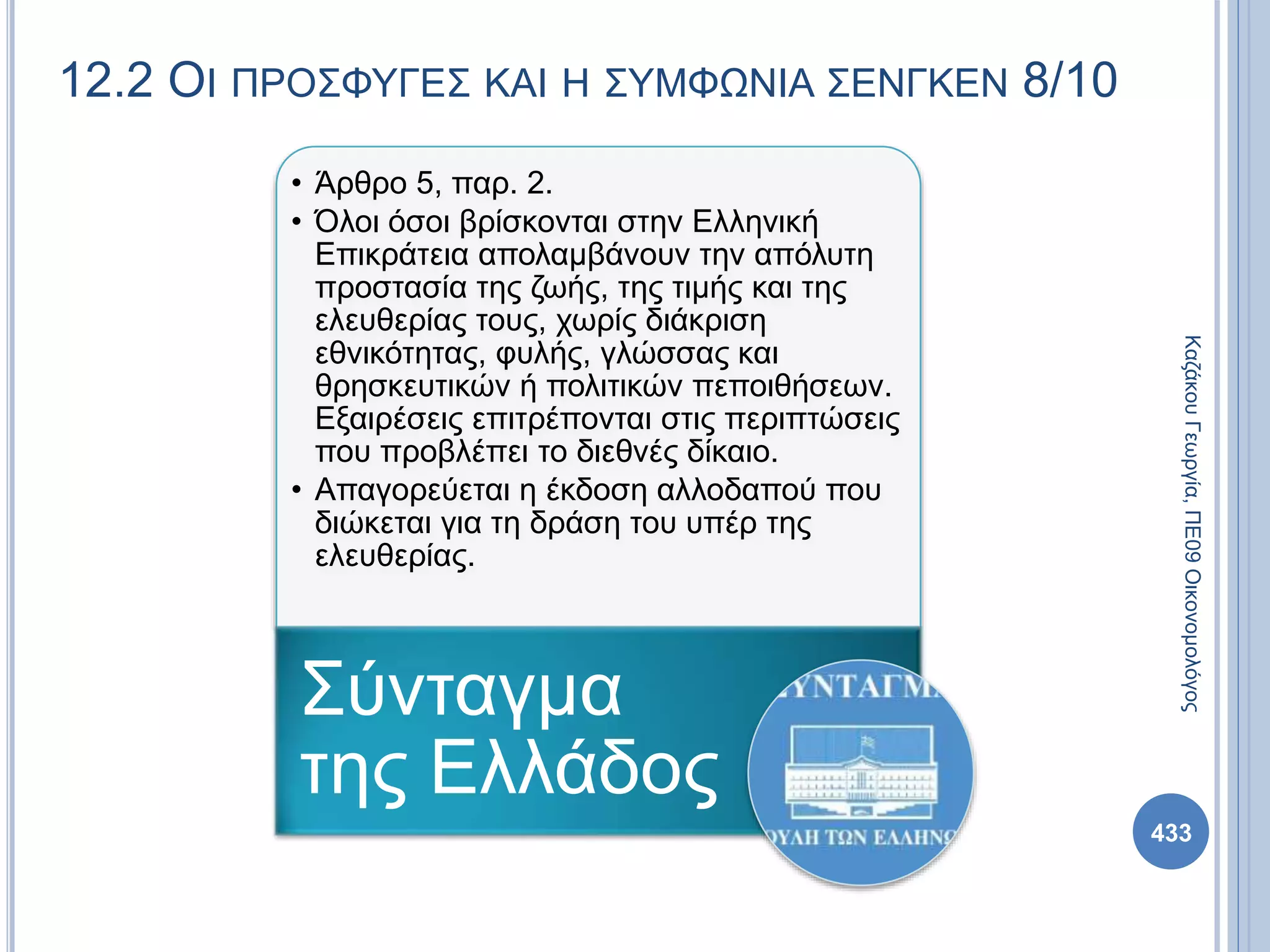 12.2 ΟΙ ΠΡΟΣΦΥΓΕΣ ΚΑΙ Η ΣΥΜΦΩΝΙΑ ΣΕΝΓΚΕΝ 8/10
• Άρθρο 5, παρ. 2.
• Όλοι όσοι βρίσκονται στην Eλληνική
Eπικράτεια απολαμβάνουν την απόλυτη
προστασία της ζωής, της τιμής και της
ελευθερίας τους, χωρίς διάκριση
εθνικότητας, φυλής, γλώσσας και
θρησκευτικών ή πολιτικών πεποιθήσεων.
Eξαιρέσεις επιτρέπονται στις περιπτώσεις
που προβλέπει το διεθνές δίκαιο.
• Aπαγορεύεται η έκδοση αλλοδαπού που
διώκεται για τη δράση του υπέρ της
ελευθερίας.
Σύνταγμα
της Ελλάδος
ΚαζάκουΓεωργία,ΠΕ09Οικονομολόγος
433
 
