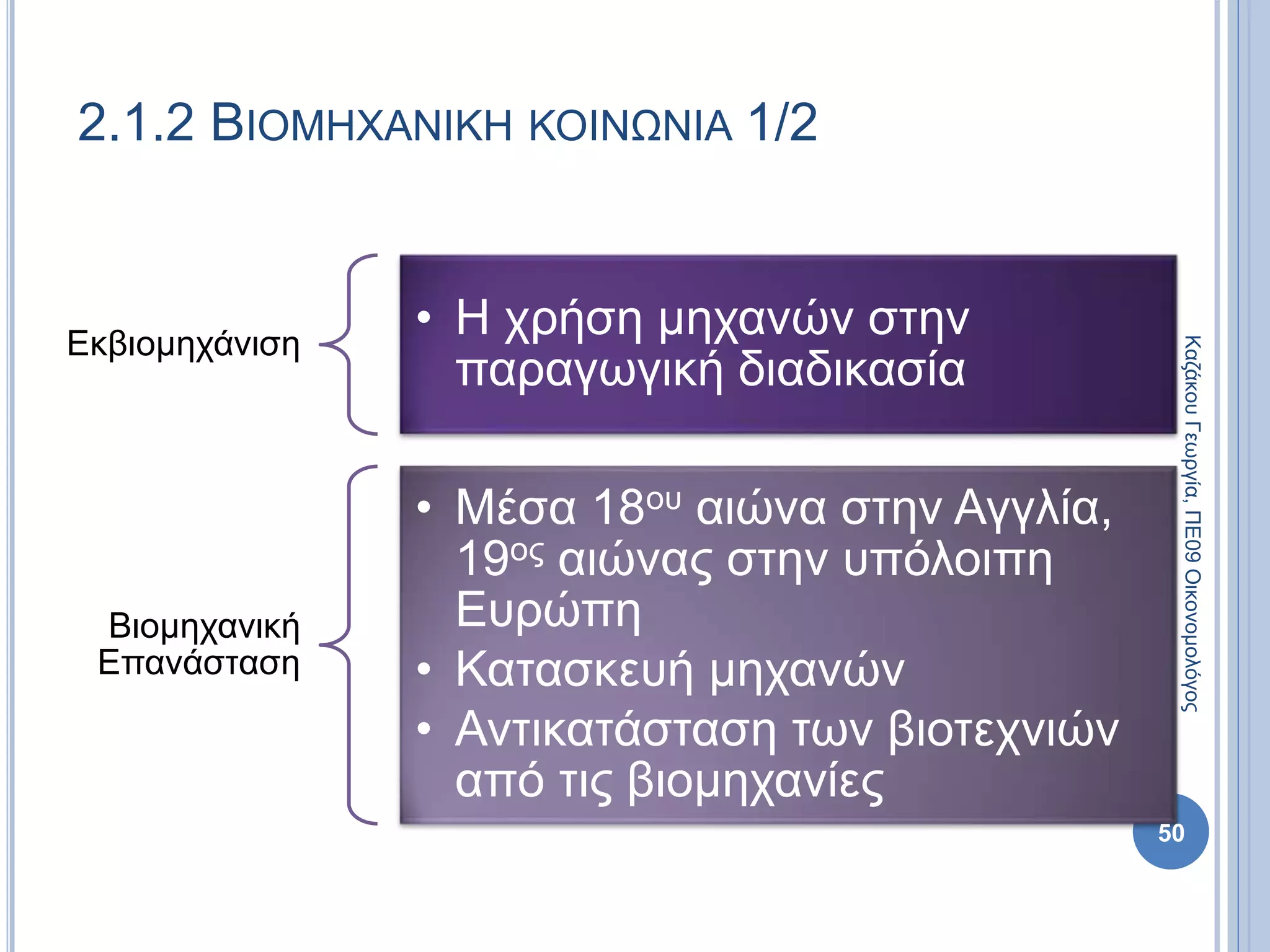 2.1.2 ΒΙΟΜΗΧΑΝΙΚΗ ΚΟΙΝΩΝΙΑ 1/2
Εκβιομηχάνιση
• Η χρήση μηχανών στην
παραγωγική διαδικασία
Βιομηχανική
Επανάσταση
• Μέσα 18ου αιώνα στην Αγγλία,
19ος αιώνας στην υπόλοιπη
Ευρώπη
• Κατασκευή μηχανών
• Αντικατάσταση των βιοτεχνιών
από τις βιομηχανίες
50
ΚαζάκουΓεωργία,ΠΕ09Οικονομολόγος
 