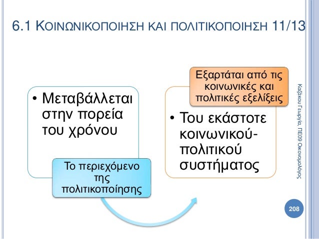 • Μεταβάλλεται
στην πορεία
του χρόνου
Το περιεχόμενο
της
πολιτικοποίησης
• Του εκάστοτε
κοινωνικού-
πολιτικού
συστήματος
Ε...