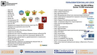 ПОЛЬЗОВАТЕЛИ DALLAS LOCK 
Г. ЕКАТЕРИНБУРГ 
#CODEIB 4 СЕНТЯБРЯ 2014 APPLE INC. 
CALIFORNIA, USA WWW.DALLASLOCK.RU 
более 100 000 АРМов 
более 10 000 компаний 
• ФНС РФ 
• МВД РФ 
• ФСИН РФ 
• ФСТЭК РФ 
• ФТС РФ 
• ФСКН РФ 
• Роскомнадзор РФ 
• Рособрнадзор РФ 
• Росстат РФ 
• Федеральное медико-биологическое агентство РФ 
• Федеральное дорожное агентство РФ 
• Банк России 
• Национальный банк Республики Абхазия 
• Правительство Москвы 
• Правительство Санкт-Петербурга Администрации субъектов РФ 
• Департаменты и центры занятости населения субъектов РФ 
• Министерства и департаменты здравоохранения и социального 
развития субъектов 
• Фонды ОМС субъектов РФ 
• Министерства и комитеты по управлению имуществом, по 
земельным отношениям субъектов РФ 
• Высшие учебные заведения 
• ОАО «ТАНЕКО» 
• ООО «Газпром межрегионгаз» 
• ОАО «СибурТюменьГаз» 
• ЗАО «Донэнергосбыт» 
• ОАО «Владимирская областная электросетевая компания» 
• ООО «Саратовское предприятие городских электрических сетей» 
• ОАО «Первобанк» 
• ОАО «Первый Республиканский Банк» 
• ООО «Страховое общество «Сургутнефтегаз» 
• ООО «Росгосстрах-Медицина» 
• НПФ ВТБ 
• НПФ «Сургутнефтегаз» 
• ОАО «Детский мир» 
• ОАО «Объединенная авиастроительная корпорация» 
• ОАО «РСК МиГ» 
• ОАО «Ангестрем» 
• ФГУП «Росморпорт» 
• ФГУП «ПО «Октябрь» 
• ФГУП «ГосНИИПП» ФСТЭК РФ 
• ФГУП «Гостехстрой» ФСТЭК РФ 
• ОАО «Улан-Удэнский авиационный завод» («Вертолеты России») 
и другие 
Г. САМАРА 
9 ОКТЯБРЯ 2014 
 