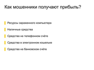 Как мошенники получают прибыль? 
▌ Ресурсы зараженного компьютера 
▌ Наличные средства 
▌ Средства на телефонном счёте 
▌ Средства в электронном кошельке 
▌ Средства на банковском счёте 
 