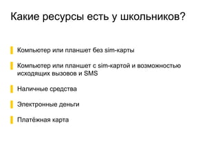 Какие ресурсы есть у школьников? 
▌ Компьютер или планшет без sim-карты 
▌ Компьютер или планшет с sim-картой и возможностью 
исходящих вызовов и SMS 
▌ Наличные средства 
▌ Электронные деньги 
▌ Платёжная карта 
 