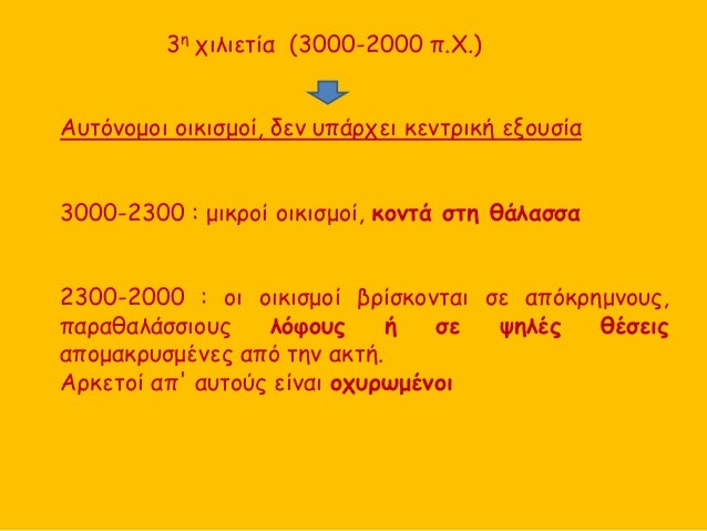 3Î· Ï‡Î¹Î»Î¹ÎµÏ„Î¯Î± (3000-2000 Ï€.Î§.)
Î‘Ï…Ï„ÏŒÎ½Î¿Î¼Î¿Î¹ Î¿Î¹ÎºÎ¹ÏƒÎ¼Î¿Î¯, Î´ÎµÎ½ Ï…Ï€Î¬ÏÏ‡ÎµÎ¹ ÎºÎµÎ½Ï„ÏÎ¹ÎºÎ® ÎµÎ¾Î¿Ï…ÏƒÎ¯Î±
3000-2300 : Î¼Î¹ÎºÏÎ¿Î¯ Î¿Î¹ÎºÎ¹ÏƒÎ¼Î¿Î¯, ÎºÎ¿Î½Ï„Î¬ ÏƒÏ„Î· Î¸Î¬Î»Î±Ïƒ...