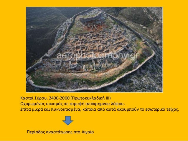 ÎšÎ±ÏƒÏ„ÏÎ¯ Î£ÏÏÎ¿Ï…, 2400-2000 (Î ÏÏ‰Ï„Î¿ÎºÏ…ÎºÎ»Î±Î´Î¹ÎºÎ® Î™Î™Î™)
ÎŸÏ‡Ï…ÏÏ‰Î¼Î­Î½Î¿Ï‚ Î¿Î¹ÎºÎ¹ÏƒÎ¼ÏŒÏ‚ ÏƒÎµ ÎºÎ¿ÏÏ…Ï†Î® Î±Ï€ÏŒÎºÏÎ·Î¼Î½Î¿Ï… Î»ÏŒÏ†Î¿Ï….
Î£Ï€Î¯Ï„Î± Î¼Î¹ÎºÏÎ¬ ÎºÎ±Î¹ Ï€Ï…ÎºÎ½Î¿ÎºÏ„Î¹ÏƒÎ¼Î­Î½Î±...