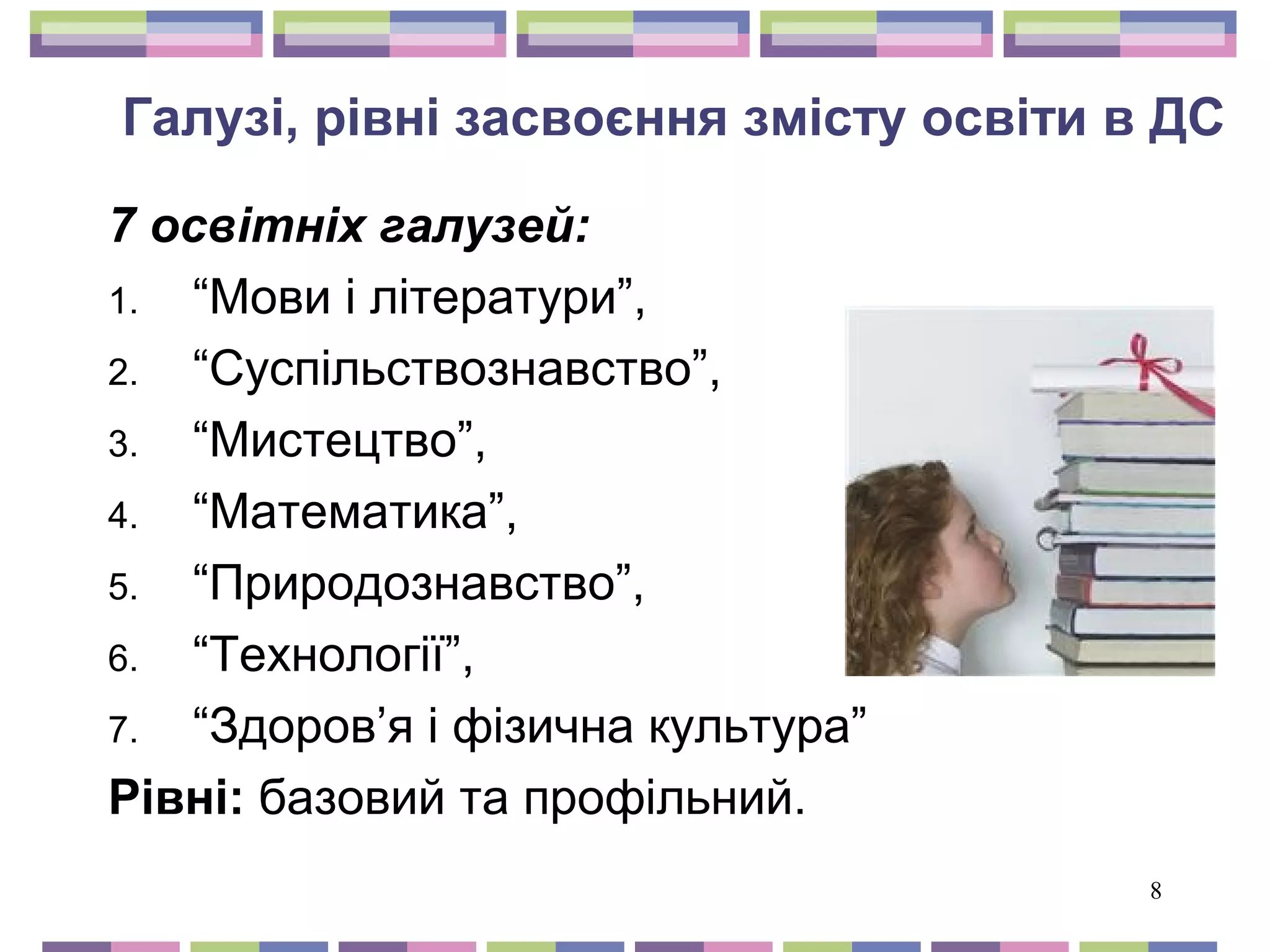 Галузі, рівні засвоєння змісту освіти в ДС 
7 освітніх галузей: 
1. “Мови і літератури”, 
2. “Суспільствознавство”, 
3. “Мистецтво”, 
4. “Математика”, 
5. “Природознавство”, 
6. “Технології”, 
7. “Здоров’я і фізична культура” 
Рівні: базовий та профільний. 
8 
 